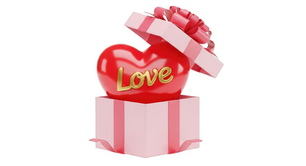 Red heart with love inside an open gift box