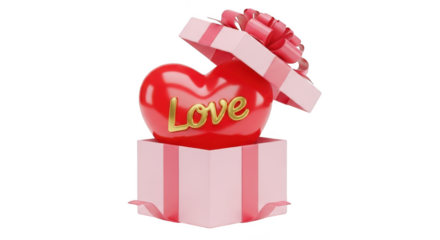 Red heart with love inside an open gift box