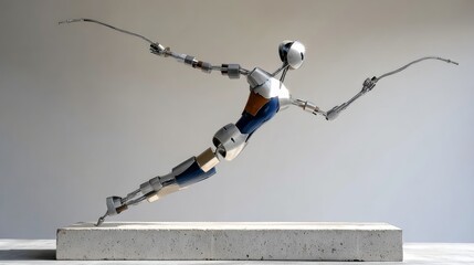 Obraz premium Sculpture of a man in a blue and white outfit is leaping into the air. The sculpture is made of metal and he is a representation of a person in motion. Scene is dynamic and energetic