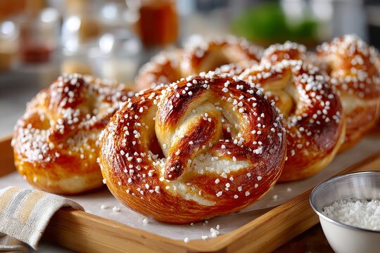 El panadero espolvorea sal gruesa sobre un pretzel reci&eacute;n horneado en una cocina moderna y luminosa