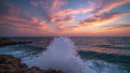 Sunset over the ocean with waves crashing on rocks; sky with colorful clouds at dusk.