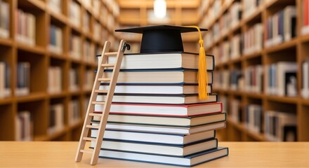 Graduation cap atop a stack of academic books with a ladder, symbolizing the climb through education, knowledge acquisition, and the journey towards scholarly achievement in a university library