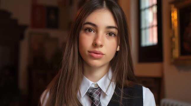 Serious Beautiful wealthy teenage girl wearing a private school uniform looking at the camera