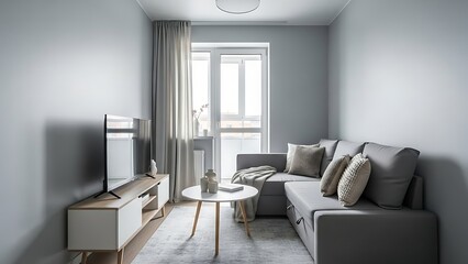 Fototapeta premium A bright and airy contemporary living room featuring a stylish gray sofa, minimalist furniture, and a neutral color palette