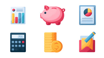 Flat icons of piggy bank, budget sheet.