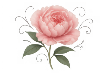 Pink peony flower watercolor illustration with green leaves and decorative swirls on transparent background