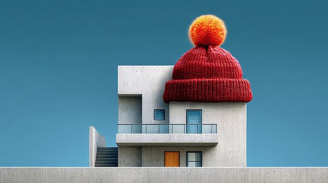 Red knit hat is placed on top of a house. The hat is positioned on the roof of the house, and it is a large, fluffy, and colorful hat. Concept of whimsy and playfulness