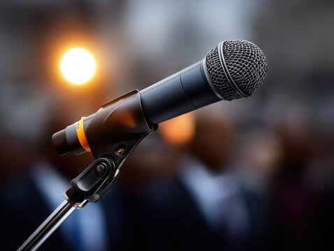 Close-up view of a microphone ready for a live speaking event