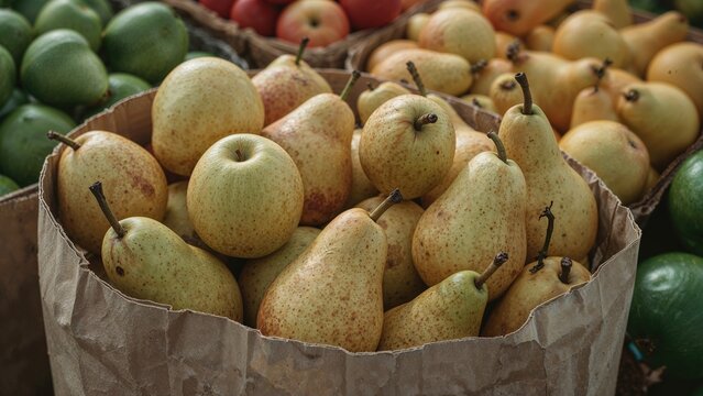 Fresh pears displayed in a paper bag at a market.