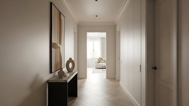 Elegant and minimalist home interior with a long corridor featuring herringbone wooden floors and modern decor