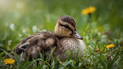 A duckling resting in the grass surrounded by yellow flowers. Nature and wildlife scene with a young duck and lush greenery. The image captures innocence and natural beauty.