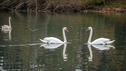 Two white swans swimming on a calm lake with a third swan in the background.
