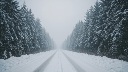 Snow-covered road through a forest of snow-laden trees in winter. Cold and serene landscape scene. Winter weather and nature scenery. The peaceful chill of winter nature.