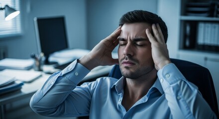 Stressed young businessman with a painful headache massaging his temples while working late at night in the dark office.
