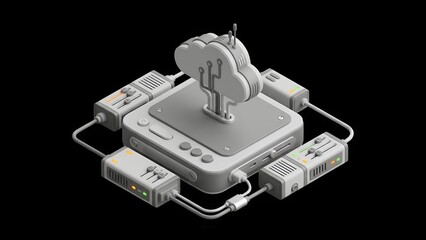 Isometric cloud computing server with connected modules showcasing data storage and processing on a black background for technology and network infrastructure concepts and solutions