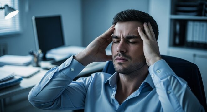 Stressed young businessman with a painful headache massaging his temples while working late at night in the dark office.