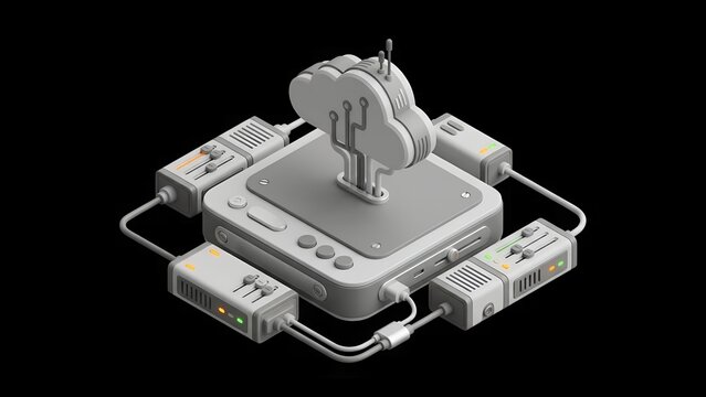 Isometric cloud computing server with connected modules showcasing data storage and processing on a black background for technology and network infrastructure concepts and solutions