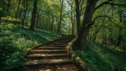 A forest trail with steps surrounded by lush greenery and tall trees in a dense woodland setting.