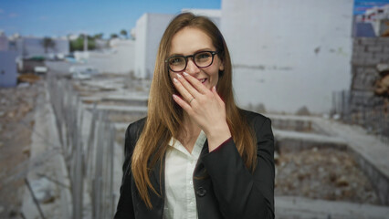 Fototapeta premium Young caucasian woman wearing eyeglasses and black jacket covers mouth with hand on building site; amusement.