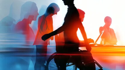 Disability inclusion in workplaces, adaptive tech aiding employees, diverse team collaborating, breaking barriers theme, inclusive warm colors, motivational corporate art, blurred