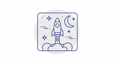 Rocket Launching into the Night Sky with Stars and Moon.