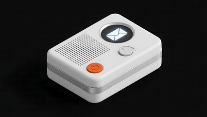 Modern white email notification device with orange power button on a black background showcasing technology and communication innovation for alerts and messaging systems