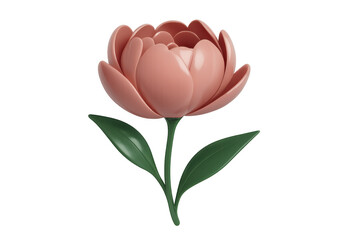 Pink blooming flower with smooth 3d petals and green leaves, representing growth, nature, love, and freshness. Transparent background