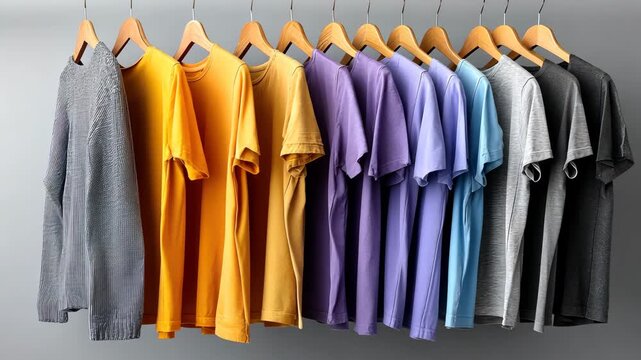 Colors and styles of t-shirts displayed in a neat arrangement on wooden hangers against a gray wall