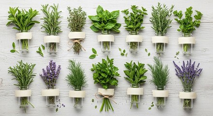 Flat lay of various fresh aromatic herbs including rosemary, basil, mint, and lavender displayed in glass jars on white wood background.