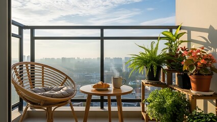 Obraz premium Cozy apartment balcony interior with a rattan chair, green plants, and a city view for a relaxing morning