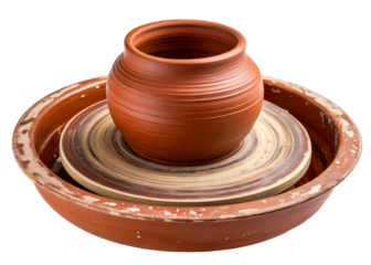 Terracotta pottery vessel on a potters wheel and basin, illustrating ceramic creation and craft workshops for hobbyists and professionals.