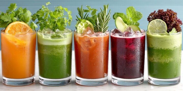 Cinco c&oacute;cteles refrescantes en vasos individuales, perfectos para disfrutar en un d&iacute;a soleado
