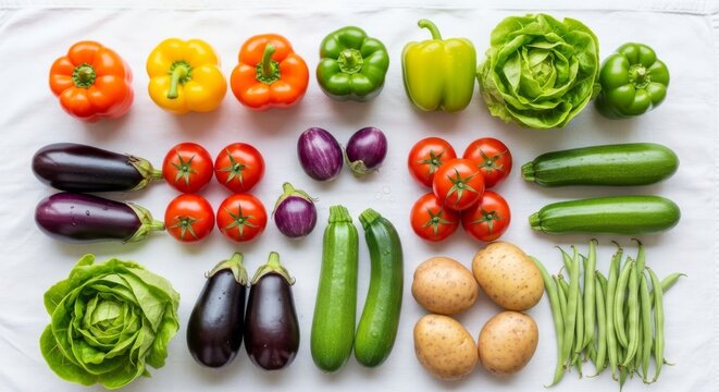 Vibrant assortment of fresh raw vegetables laid out neatly on a white cloth, including peppers, tomatoes, and zucchini.
