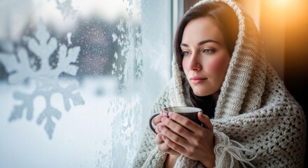 Woman wrapped in a cozy knit blanket holds a steaming mug, gazing contemplatively out a frosty window at the winter landscape.