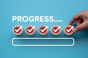 Hand placing final checkmark in progress bar concept