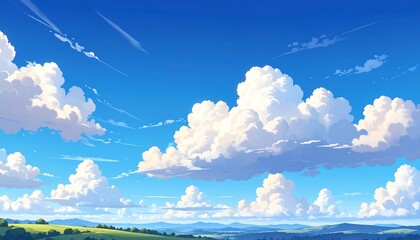 Animated depiction of a serene landscape featuring a vast, azure sky filled with fluffy white clouds, casting soft shadows. The bottom shows rolling green hills