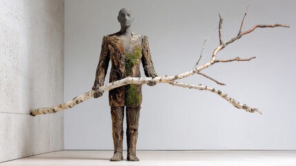 Man is holding a tree branch in his hand. The man is dressed in a suit and tie, and the branch is covered in moss. Concept of nature and the beauty of the outdoors