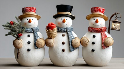 Three snowmen holding a basket of apples and a candle. The snowmen are smiling and seem to be enjoying the moment