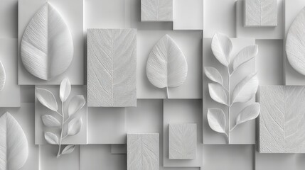 White leaf pattern on square stone tiles creates an abstract, modern, 3D design perfect for background texture or sophisticated interior decoration