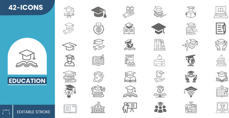 Modern Set of Education Editable Icons for Schools, Colleges, Online Learning, Teaching Tools, Study Materials, and Academic Resources in Clean Vector Style.