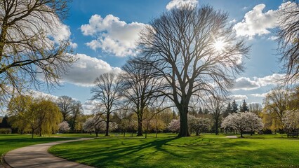 Obraz premium Spring park with trees, grass, and clouds in the sky on a sunny day.