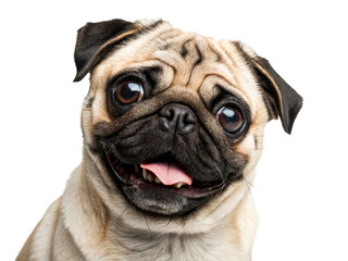 Close up of a happy fawn pug with a wrinkled face and tongue out, perfect for pet care advertising and animal lovers content.