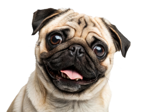 Close up of a happy fawn pug with a wrinkled face and tongue out, perfect for pet care advertising and animal lovers content.