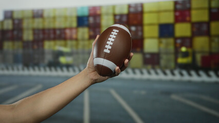 Hand holding football in front of stacked shipping containers at port, showcasing man interacting with sports equipment in industrial outdoor setting.