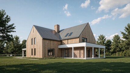 Obraz premium Modern house with wooden exterior and large porch, set in a green landscape under a partly cloudy sky.