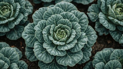 Fototapeta premium Healthy green cabbage plants growing in dark soil.