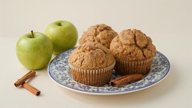 Fresh apples and cinnamon muffins served on a decorative plate with cinnamon sticks. - Powered by Adobe