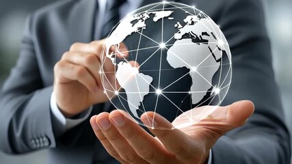 Business professional holds a digital globe in hand, symbolizing global connection, innovation, and technology advancements in modern commerce today - Powered by Adobe