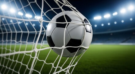 Soccer ball in net at night stadium goal celebration