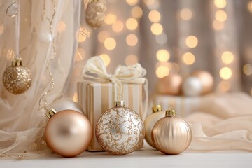 Minimalist composition of New Year decorations, showcasing sleek boxes and delicate ornaments on a soft fabric surface, gentle ambient lighting creates a serene mood